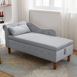 Chaise Lounge Indoor, Lounge Chair For Bedroom With Storage & Pillow, Modern Upholstered Rolled Arm Chase Lounge For Sleeping With Nailhead Trim For Living Room Bedroom Office