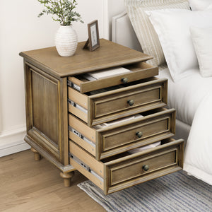 Farmhouse Nightstand with 4 Drawers and Hidden Pull-Out Shelf, Light Brown