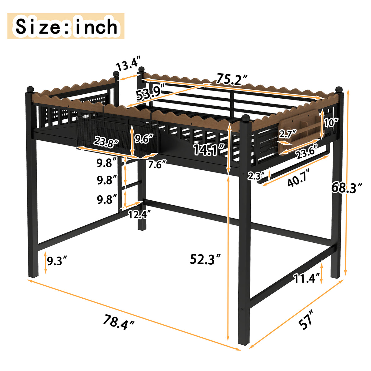 Full Size Loft Bed with Ladders and Storage Shelves