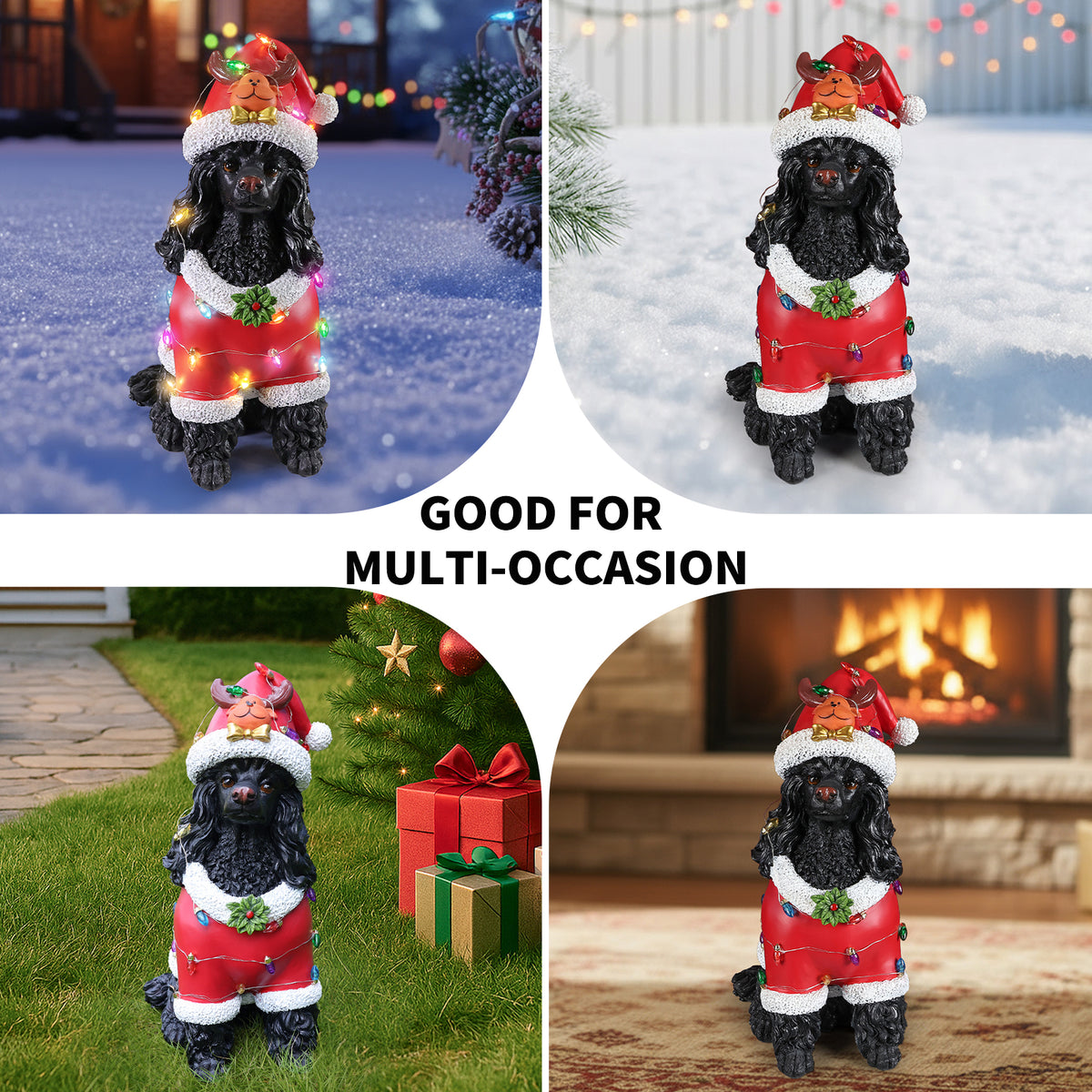 Festive Black Poodle Christmas Statue