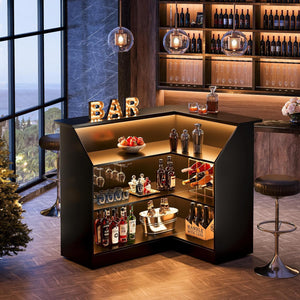 L-Shaped Home Bar Cabinet With Stemware Racks, 4 Tier Corner Unit, Liquor Wine Bar Table & Reception Desk For Home Pub - Black