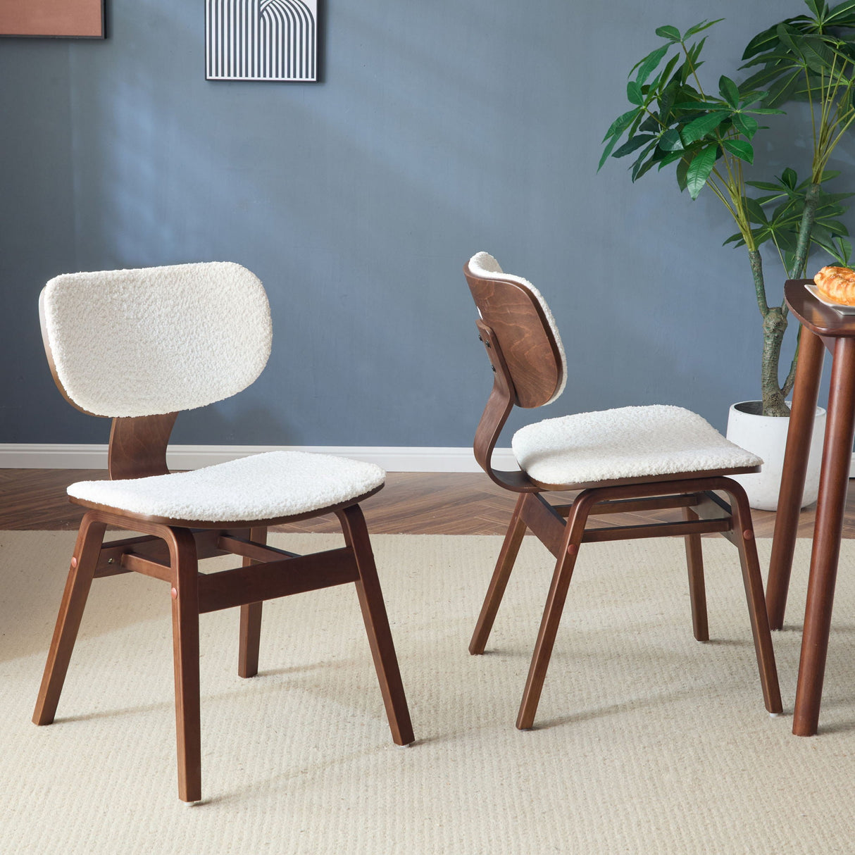 Modern Boucle Fabric Upholstered Side Chair, Bentwood Frame - White / Walnut - Best Buy Furniture