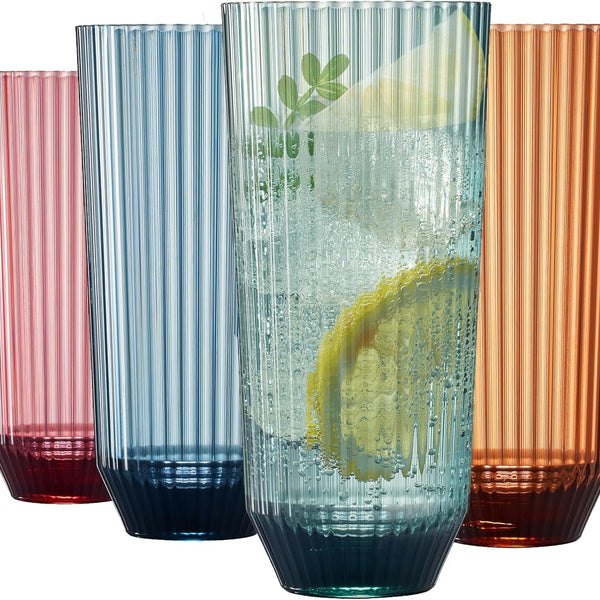 Khen Shatterproof Acrylic Ribbed Drinking Glasses Set, European Style, Dishwasher Safe, Tall | Set of 4 | Muted Tritan Drinkware, Unbreakable BPA-free Plastic, Reusable Stackable Glassware - 12OZ