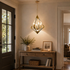 4-Light White and Gold Geometric Pendant with Metal Caged Frame