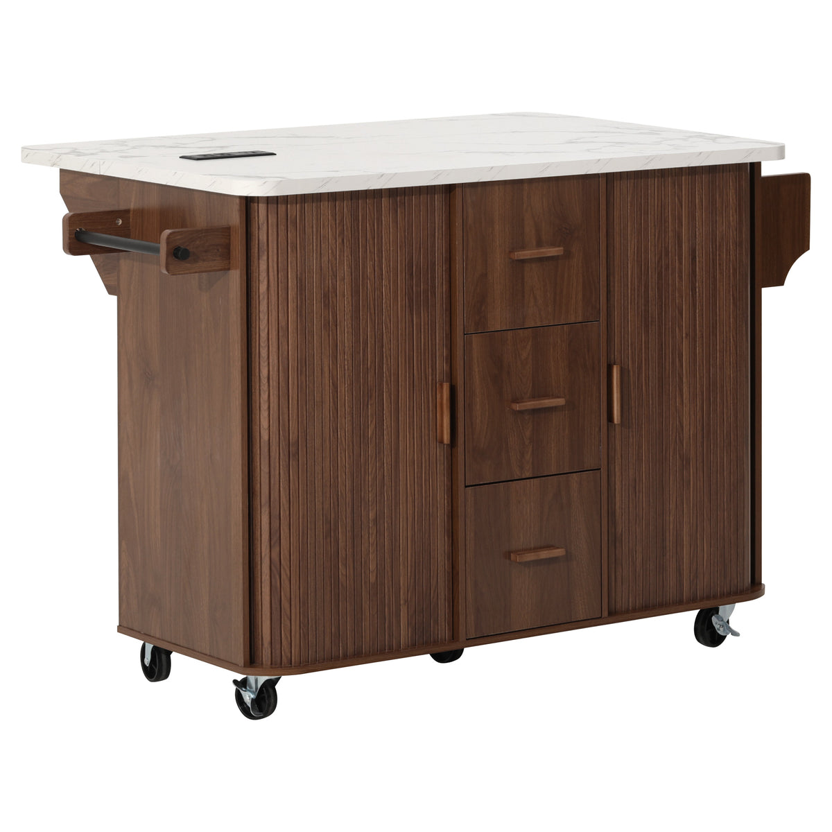 K&K 53.5" Kitchen Island with Sliding Doors, Drop Leaf, Power Outlet, Walnut Brown
