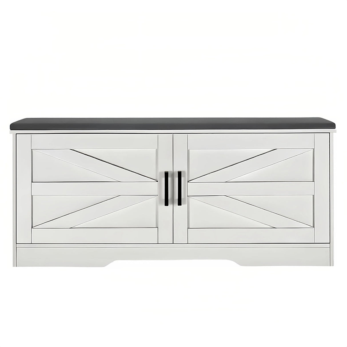 2 Tier Shoe Bench With Padded Seat, 2 Barn Doors And Adjustable Shelves, For Entryway And Living Room - White