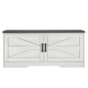 2 Tier Shoe Bench With Padded Seat, 2 Barn Doors And Adjustable Shelves, For Entryway And Living Room - White