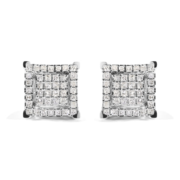 10K White Gold 1 1/4 Cttw Princess Diamond Composite Double Square and Halo Stud Earrings (I-J Color, I1-I2 Clarity)