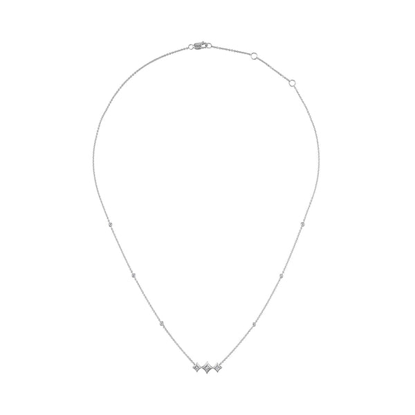 10K White Gold Bezel Set Princess Diamond 3 Stone Kite Shape and Station Necklace (H-I Color, SI2-I1 Clarity) - 18" Inches