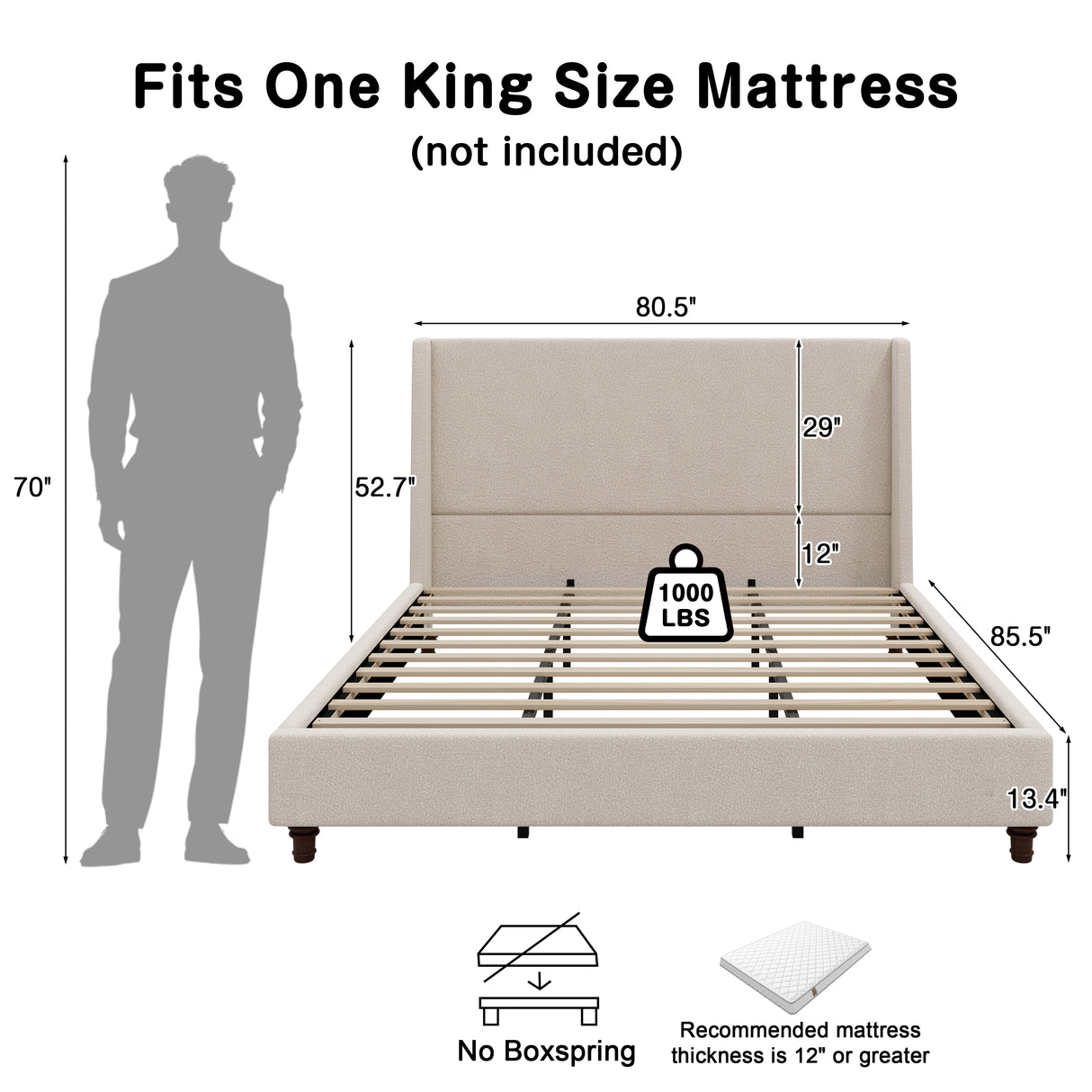 52.7" Tall Wingback Upholstered King Size Platform Bed Frame