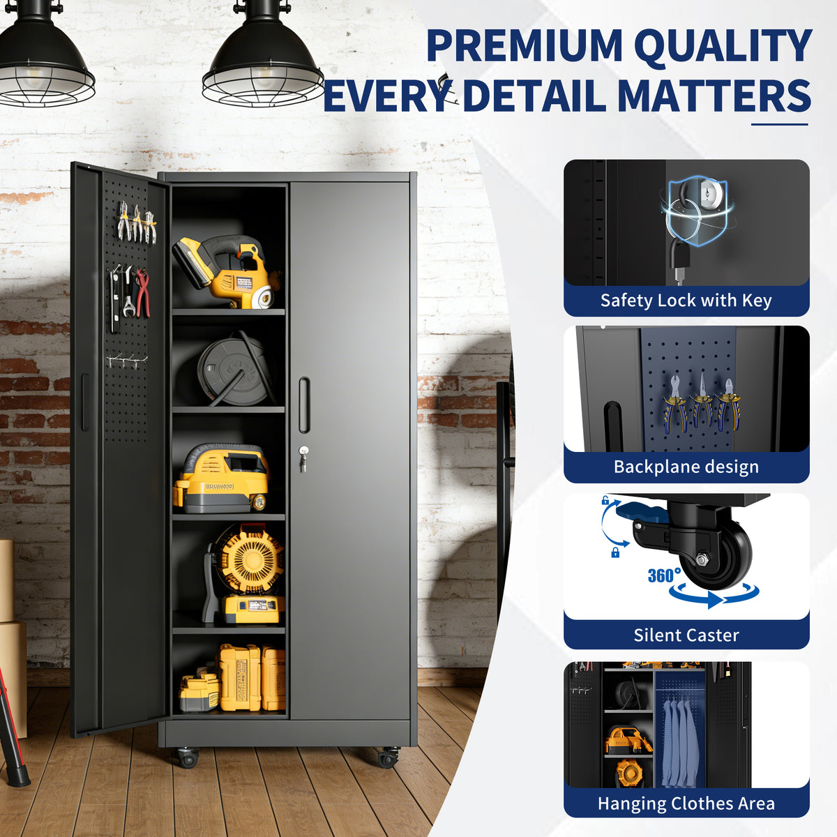 Rolling Metal Storage Locker Cabinet with Lockable Doors