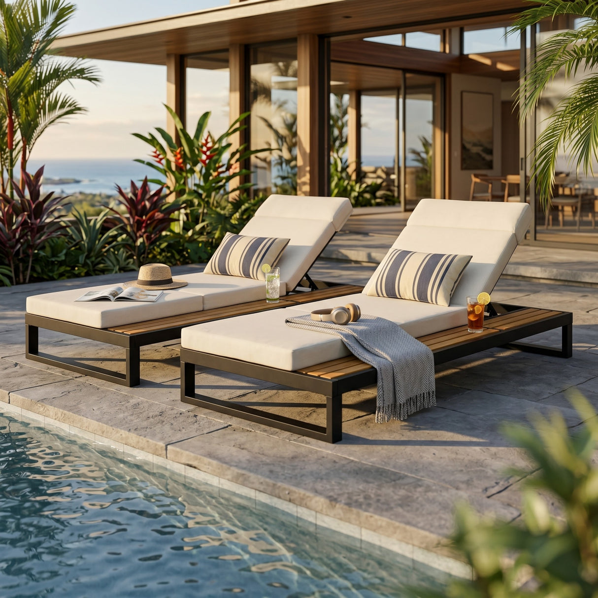 Black Iron & Teak Finish Chaise Lounge Set