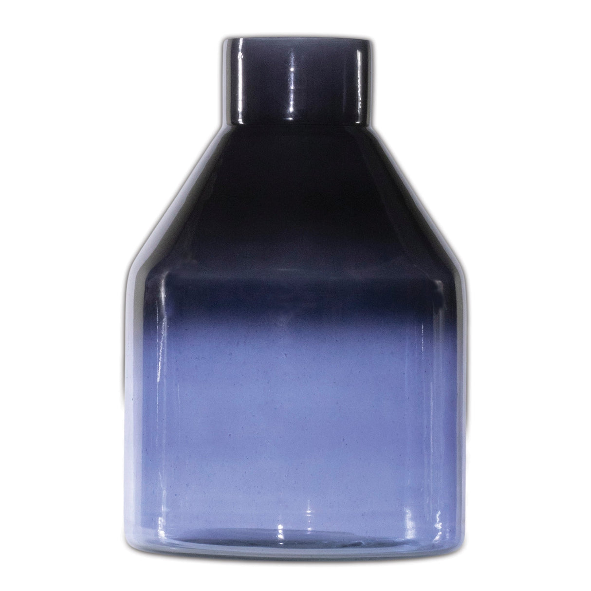Blue soda lime glass bottle vase 7"h