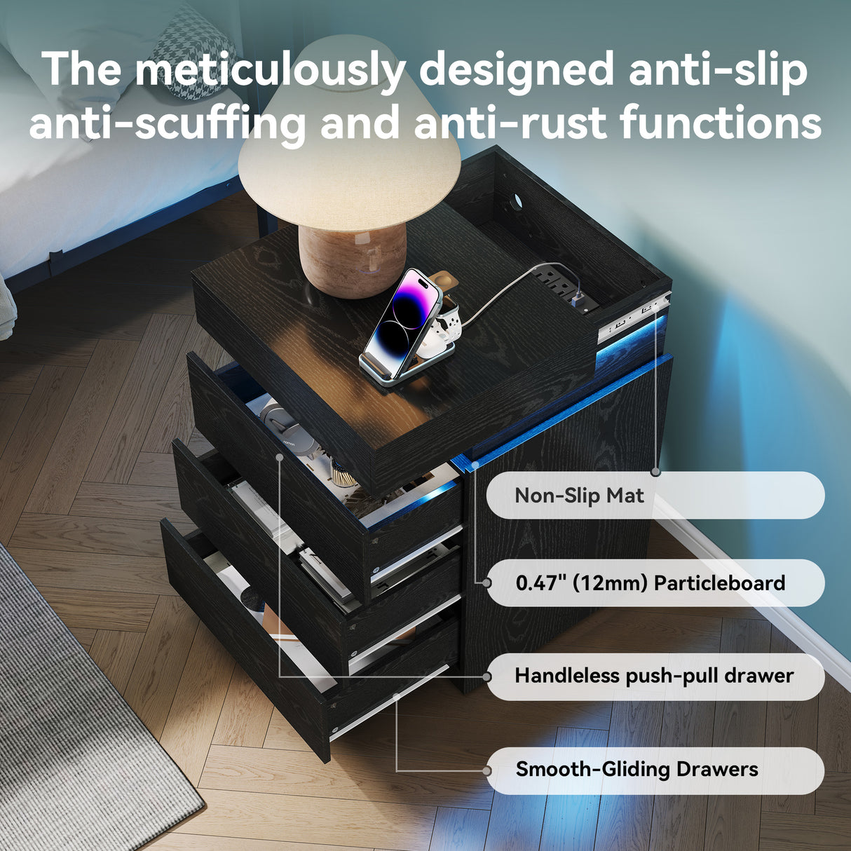 Nightstand with Built-In Charging Station and LED Lighting