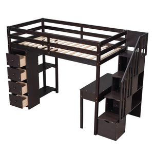 Loft Bed With Storage Drawers, Desk And Stairs With Shelves
