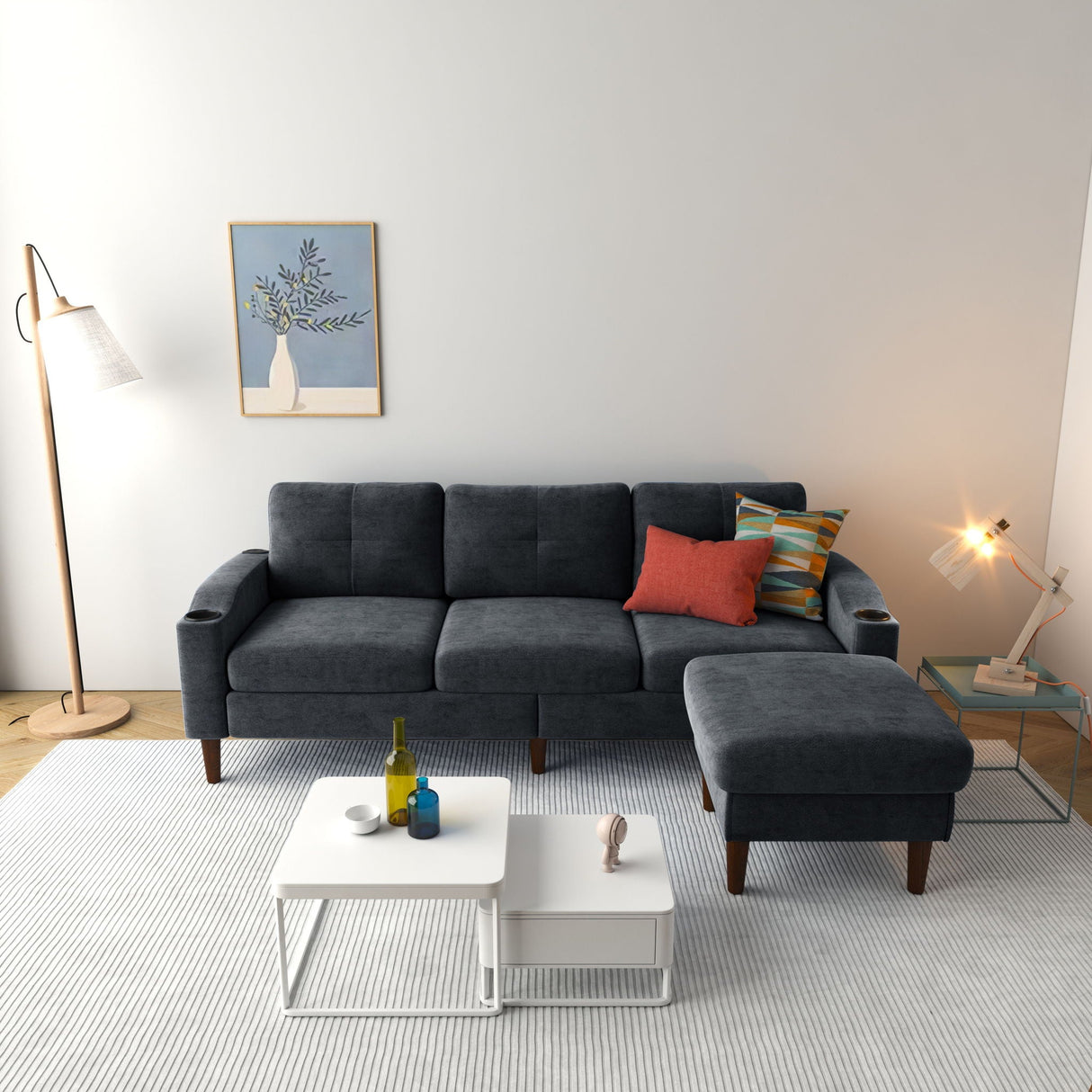 3 Seater Convertible Combination L Shaped Sofa With Footstools With Storage