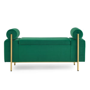 Elegant Upholstered Storage Bench With Cylindrical Arms And Iron Legs,