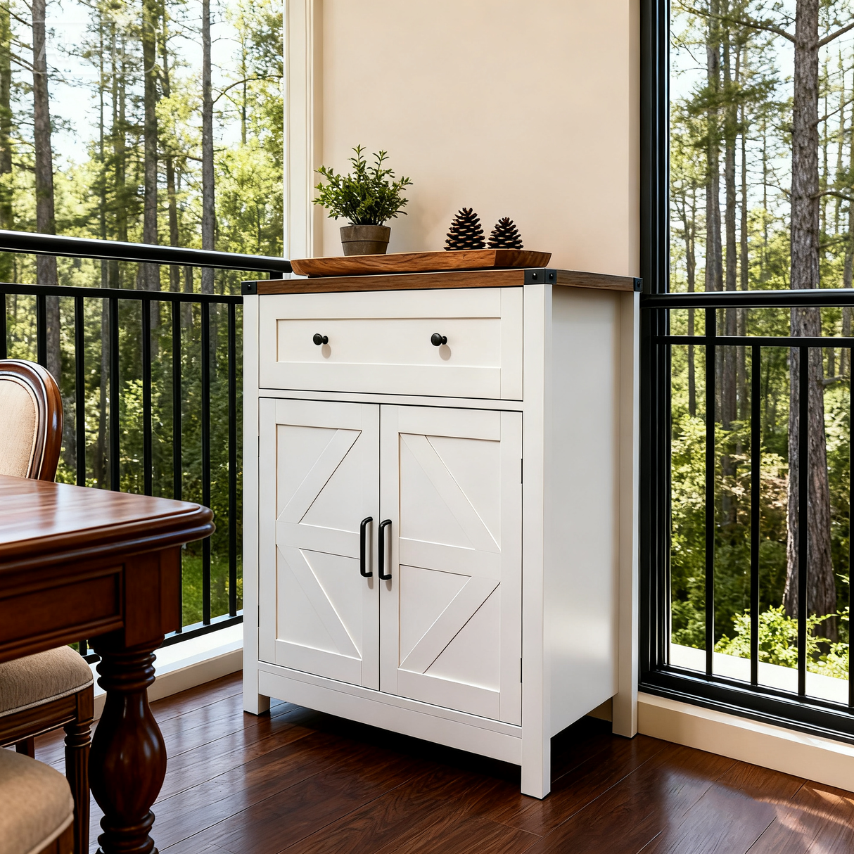 White & Wood-Grain Top Farmhouse Barn-Door Storage Cabinet