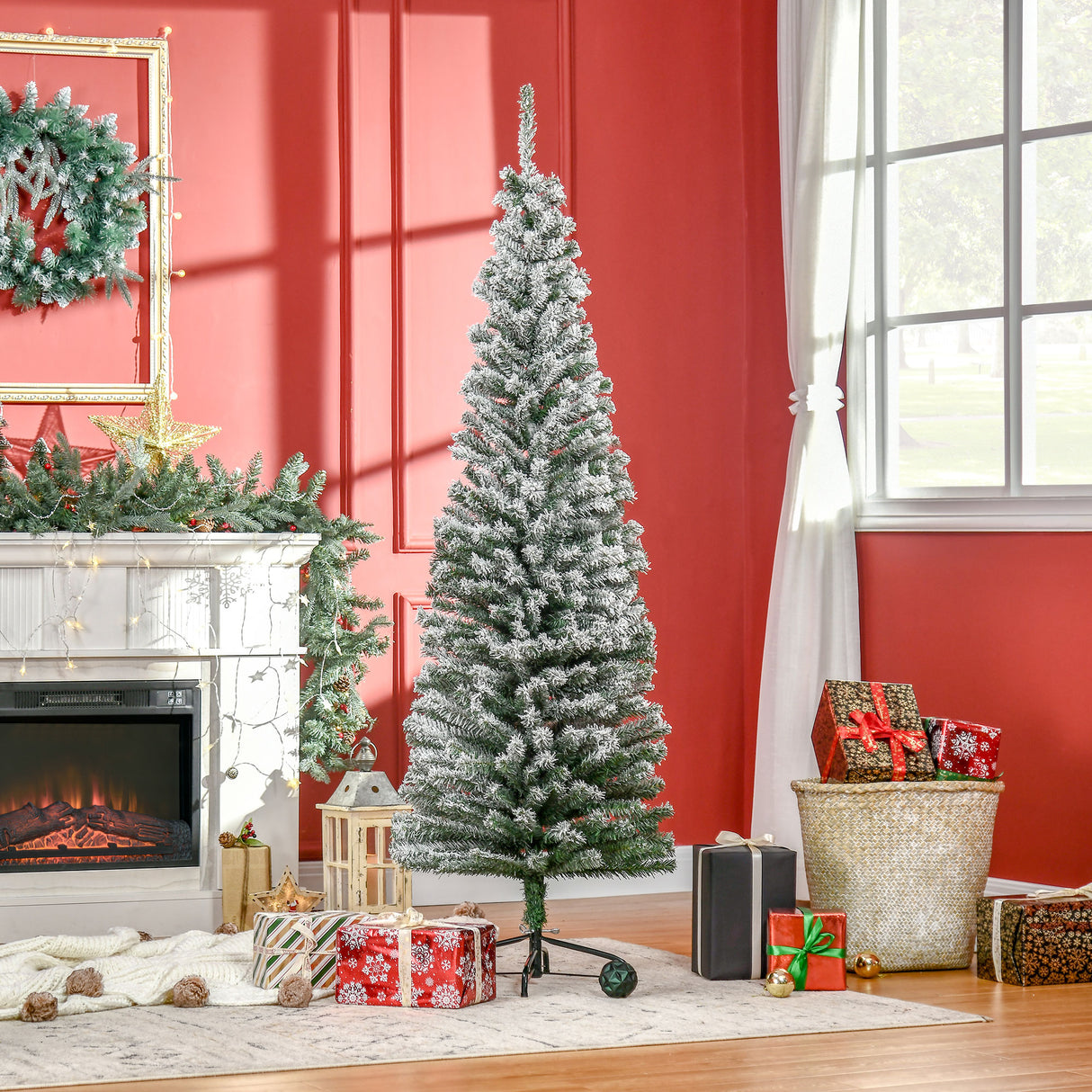 HOMCOM 6' Tall Unlit Snow-Flocked Slim Artificial Christmas Tree