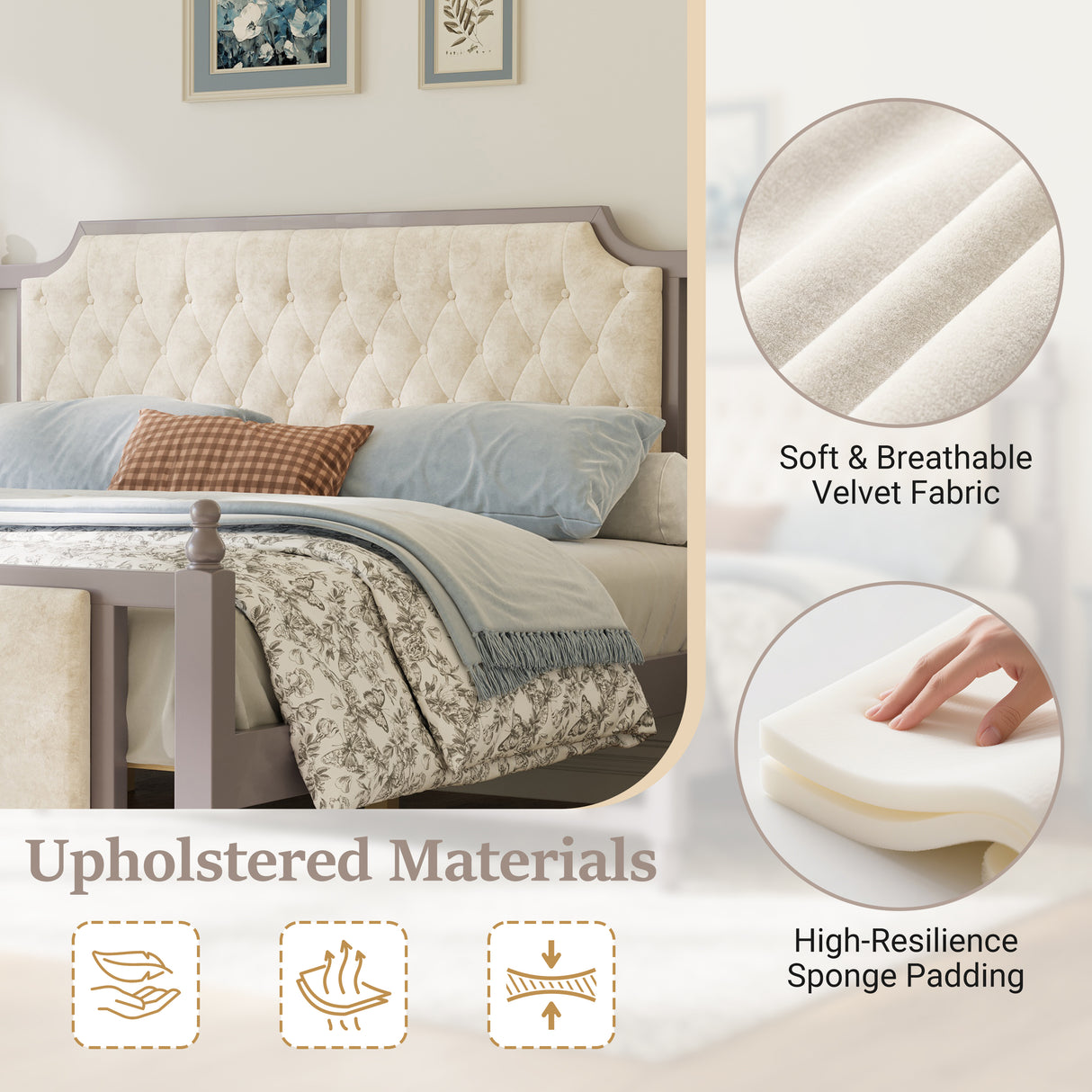 King Size Upholstered Platform Bed with Button Tufted Headboard