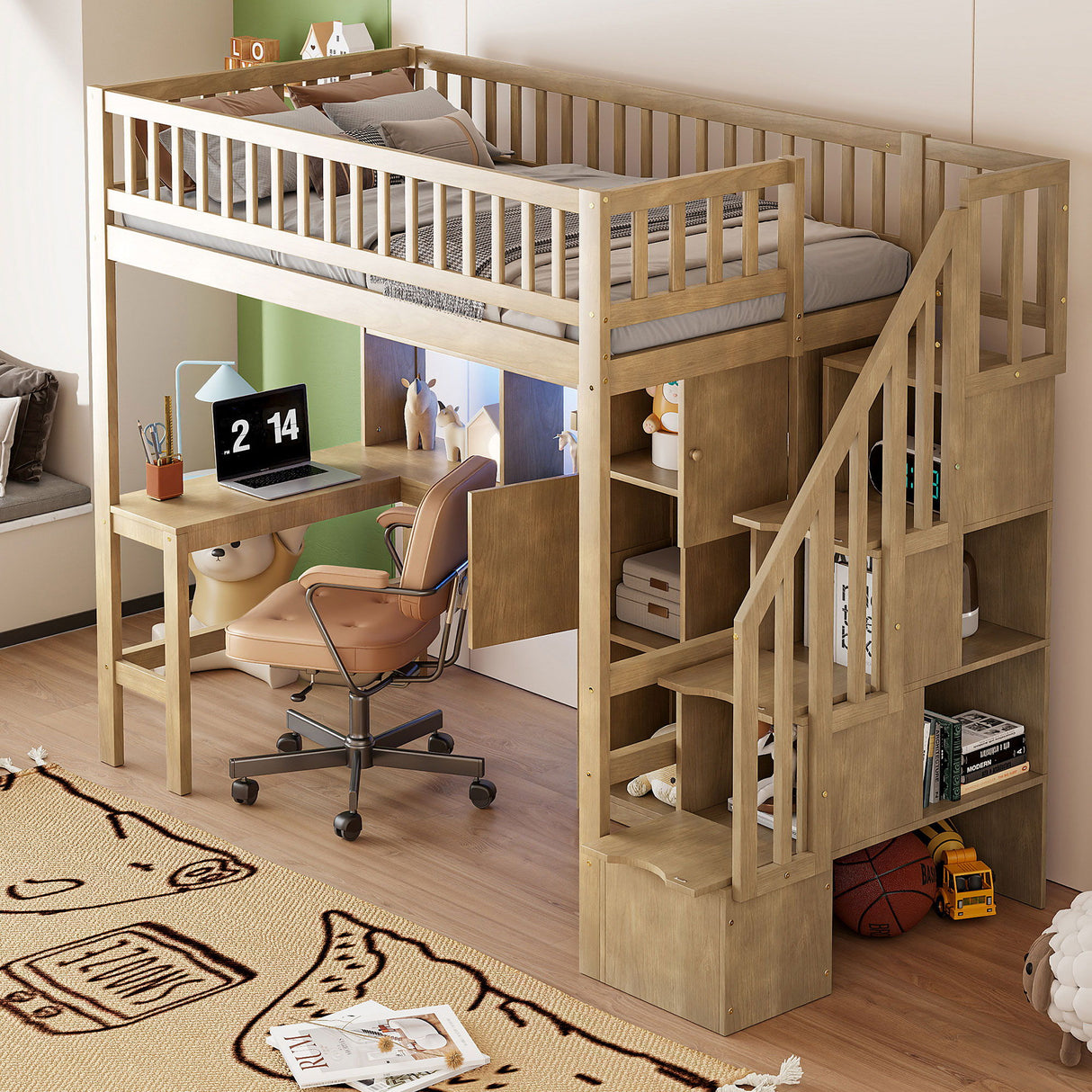 Loft Bed With Built In L Shaped Desk, LED Lights, Storage Shelves, Cabinets, And Staircase