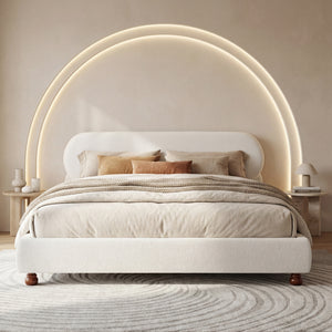 Cream-colored Boucle Upholstered Bed with Rubber Wood Foot, Queen
