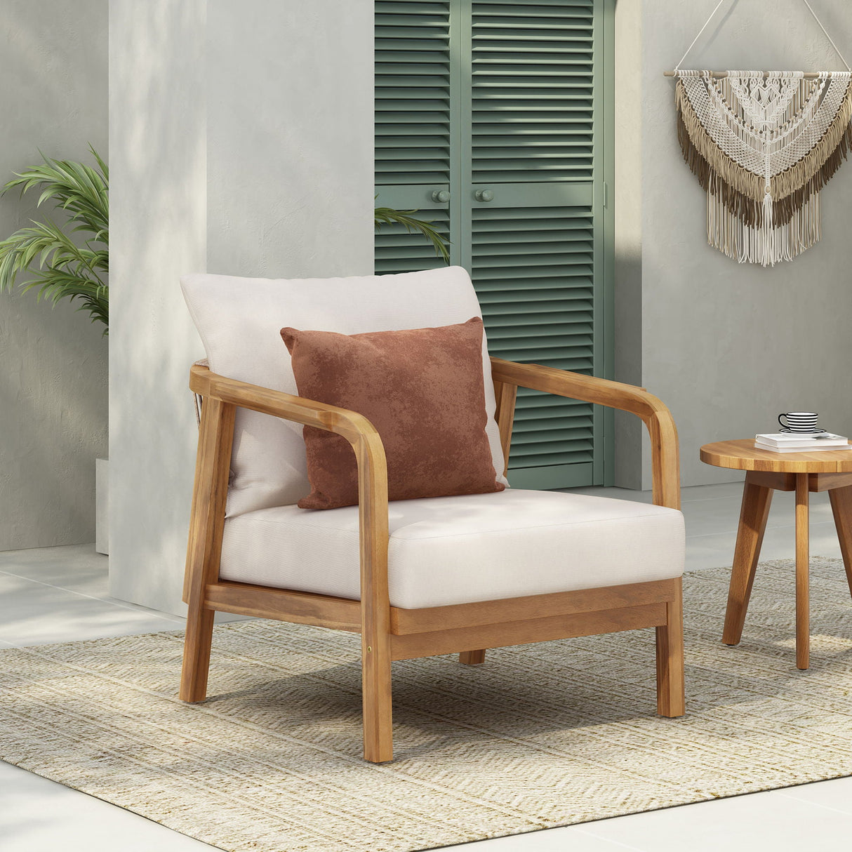Outdoor Lounge Chair With Woven Backrest, Solid Wood Frame, Comfortable Cushions - Best Buy Furniture