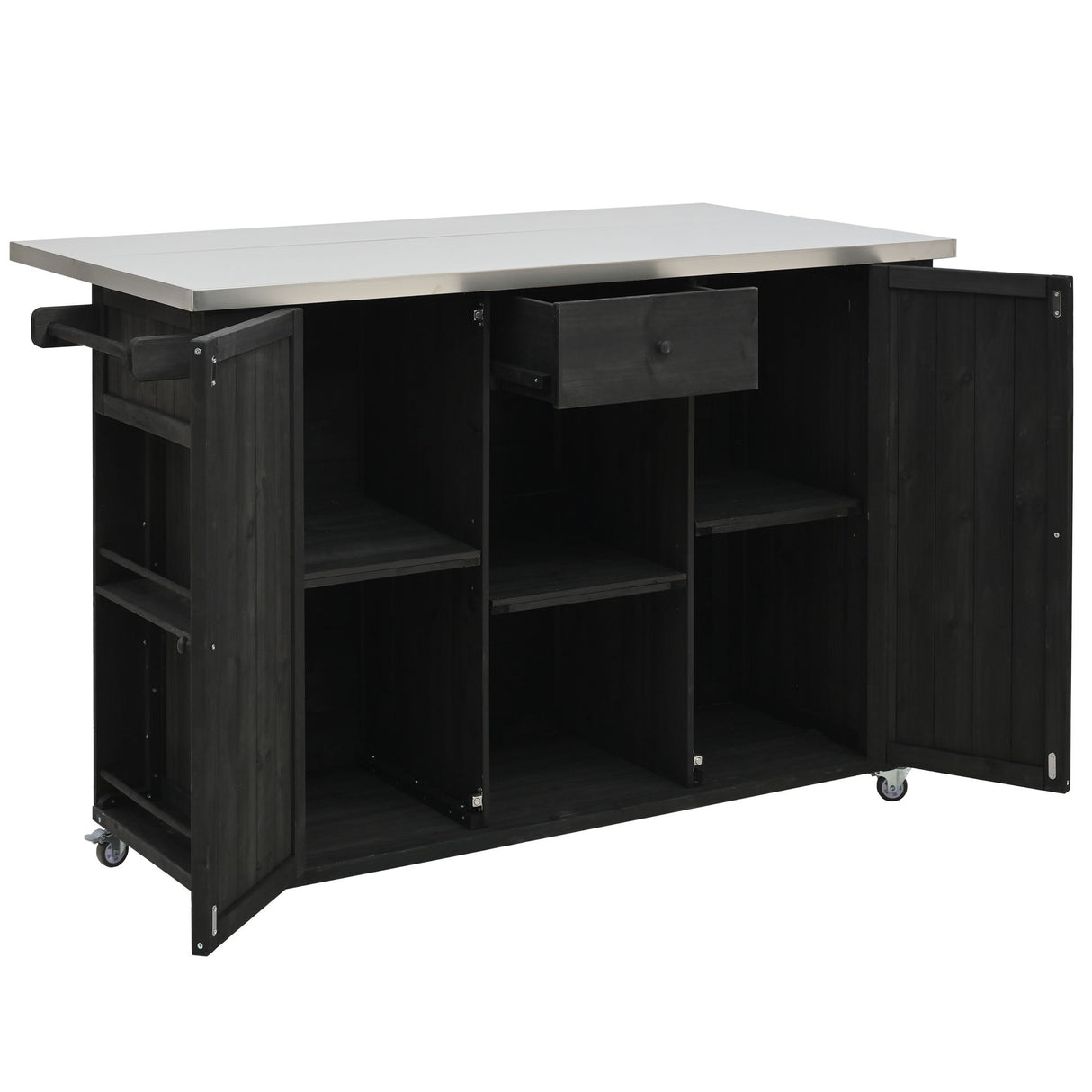 Outdoor Kitchen Island With Stainless Steel Top, Ample Storage Space, Towel And Spice Racks And A Bottle Opener