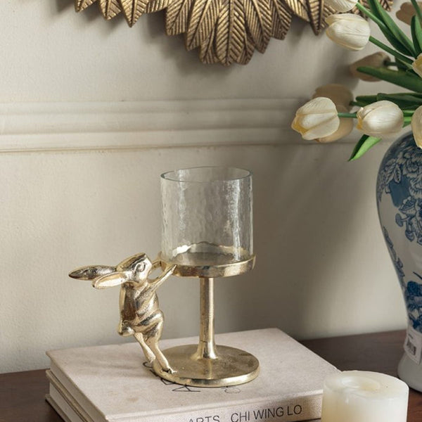 7x4x7.5' Gold Rabbit Pillar Candle Holder with Clear Glass Hurricane Shade