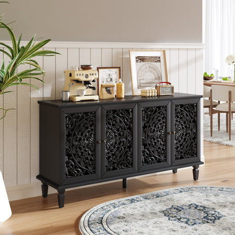 60" Antique Buffet Cabinet with Floral Carvings