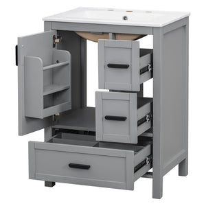 Bathroom Vanity With Sink, Soft Close Door, Double Layer Door Shelf And 3 Drawers - Gray