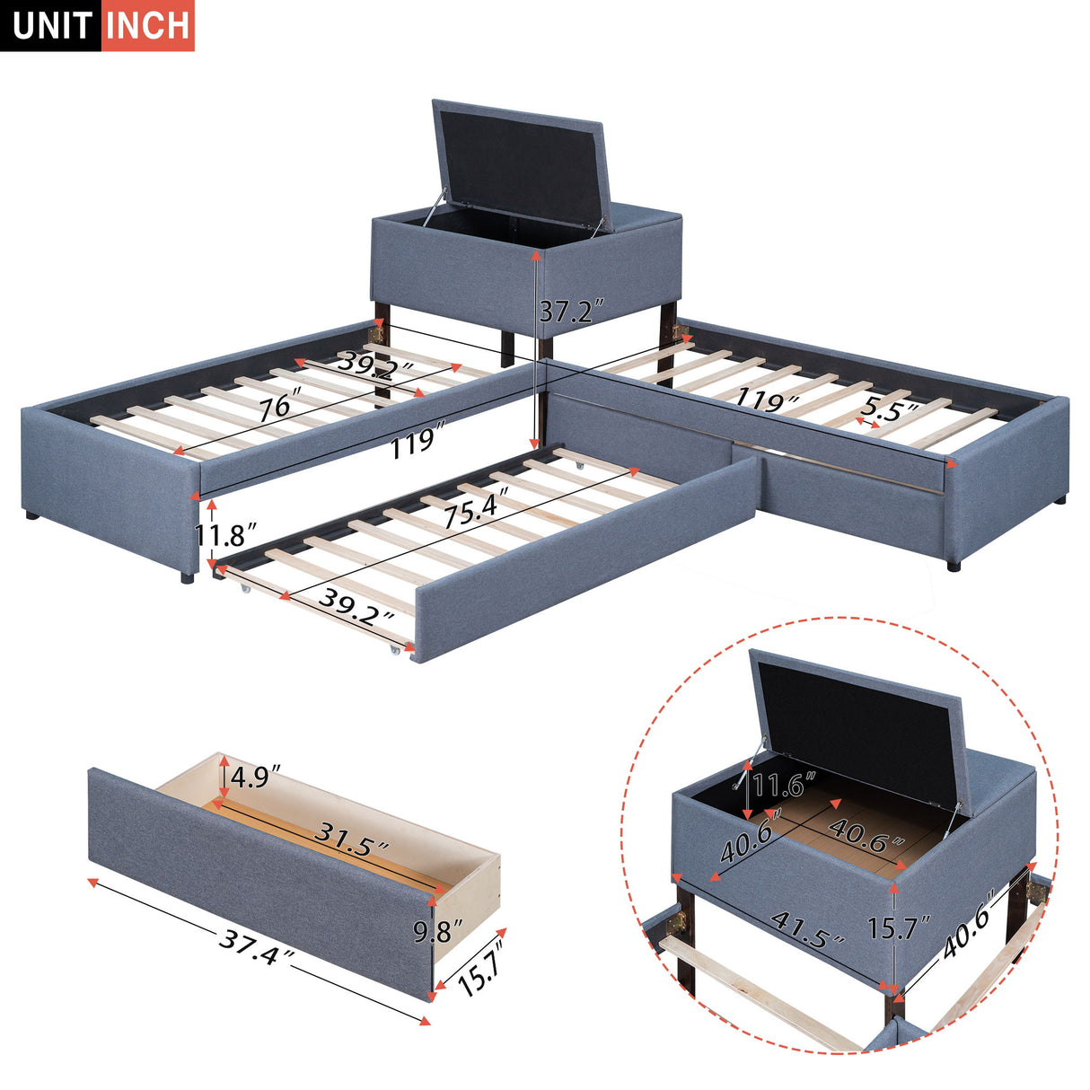 L Shaped Upholstered Platform Bed With Trundle And 2 Drawers Linked With Built In Desk