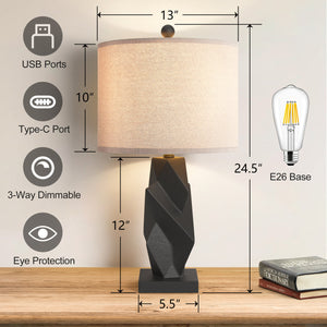 Modern Resin Table Lamp, 24.5-Inch, 3-Way Dimmable with USB and Type-C, Black, Set of 2
