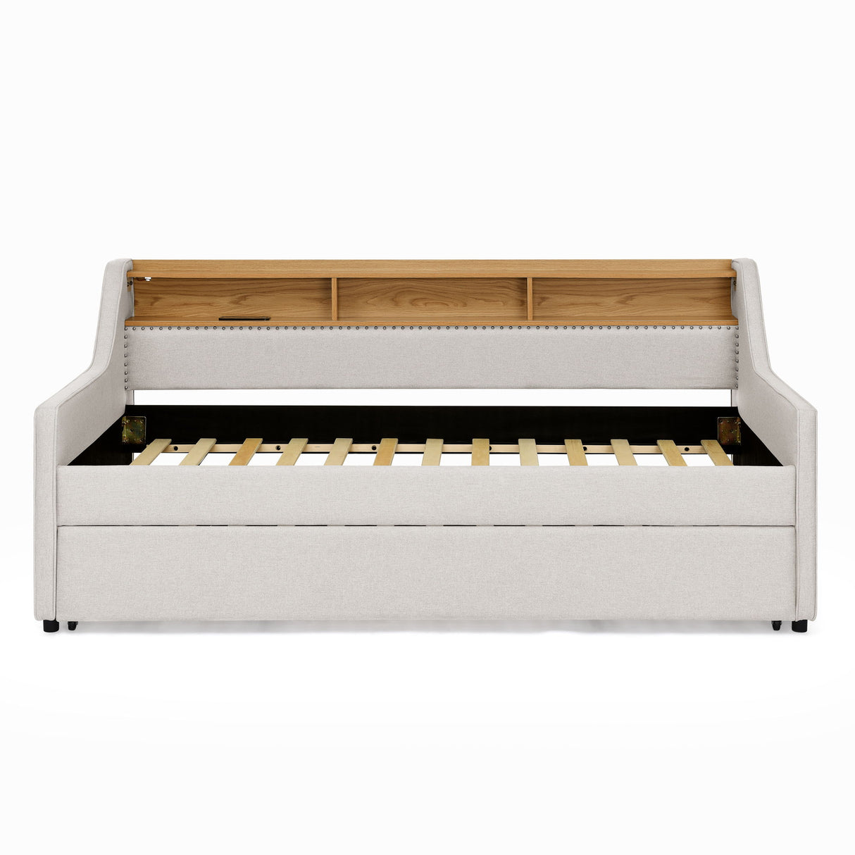 Upholstered Sofa Bed With LED Lights, Storage Headboard, Foldable Trundle & Wireless Charging