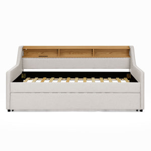 Upholstered Sofa Bed With LED Lights, Storage Headboard, Foldable Trundle & Wireless Charging