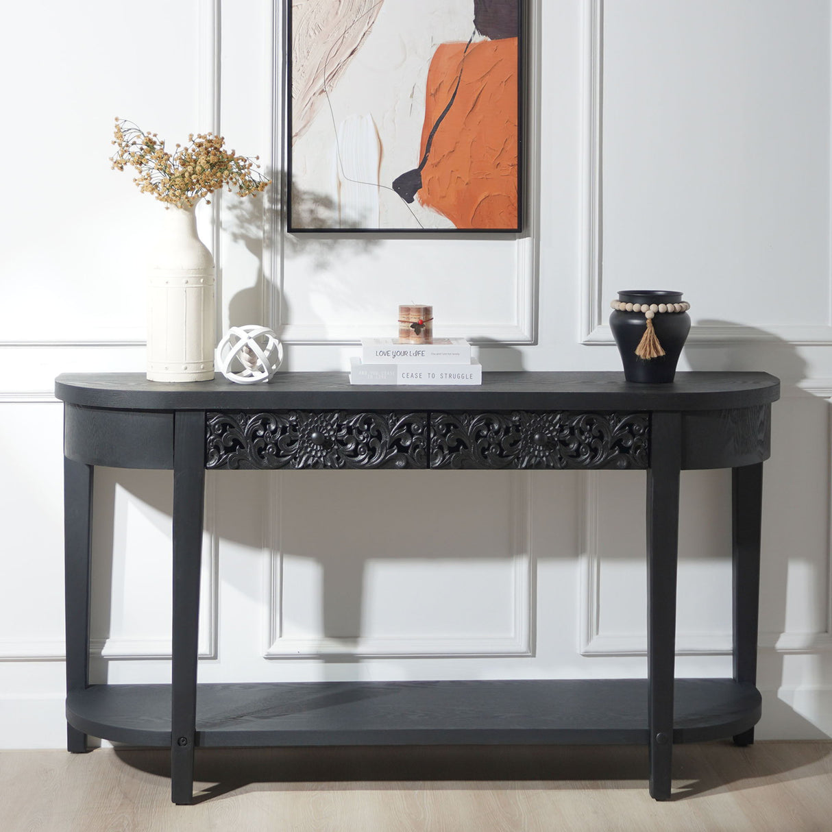 Carved Console Table With Storage Shelf For Living Room - Black