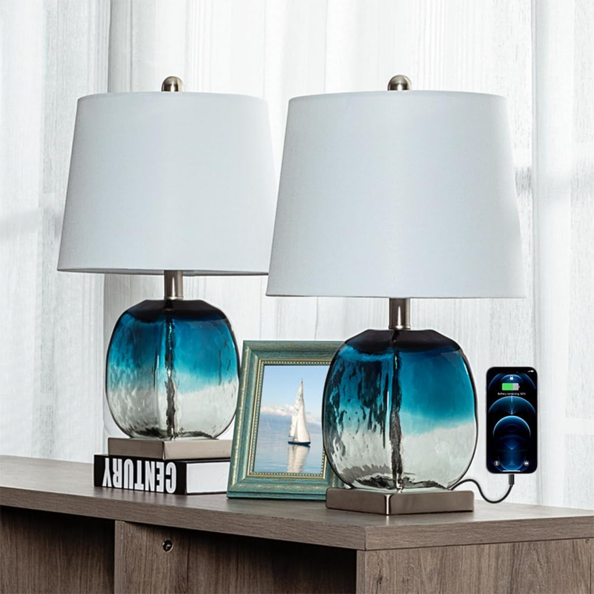 Coastal Glass Table Lamp 20.5-Inch 3-Way Dimmable with USB, Set of 2, Blue