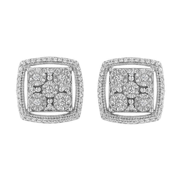 .925 Sterling Silver 3/8 Cttw Miracle Set Round Diamond Double Halo Cluster Earrings (I-J Color, I2-I3 Clarity)