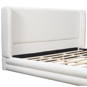 King Size Upholstered Bed Frame With Boucle Thick Wingback Headboard