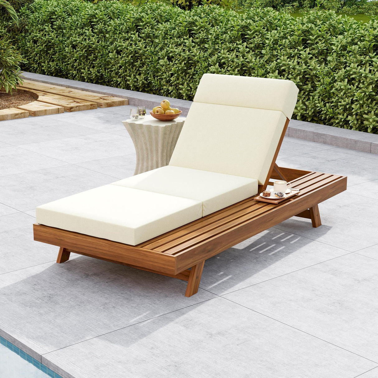 Acacia Wood Lounge Chaise Set With Headrest And Water Resistant Cushions - Beige - Best Buy Furniture