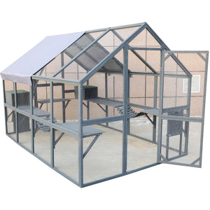 Spacious Wooden Cat Catio Outdoor Kitty House With Bridges And Roof Cover - Gray