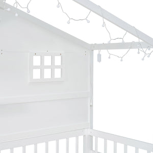 House Bed With Shelves, Window And Sparkling Light Strip On The Roof