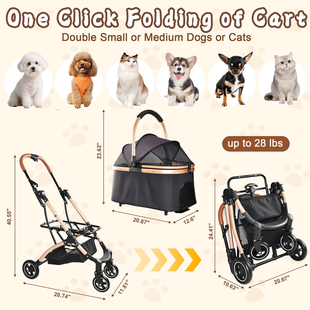 Pet Stroller for Dogs and Cats, 2-in-1 Detachable Foldable Design