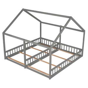 House Platform Beds, 2 Shared Beds, Metal Frame With Guardrails