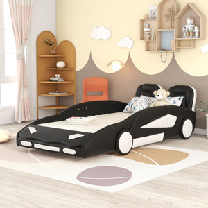 Race Car Shaped Twin Platform Bed With Wheels, Pine Wood Construction