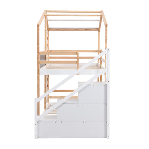 Twin Over Twin Bunk Bed House Bed With Roof and Storage