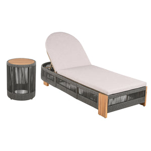 Outdoor Rope Chaise Lounge Set with Teak Look Side Table