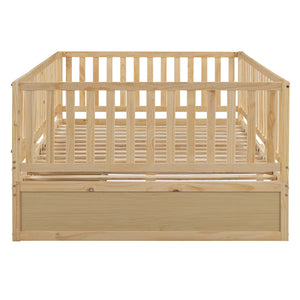 Daybed With Fence Guardrails And 2 Drawers, Split Into Independent Floor Bed & Daybed