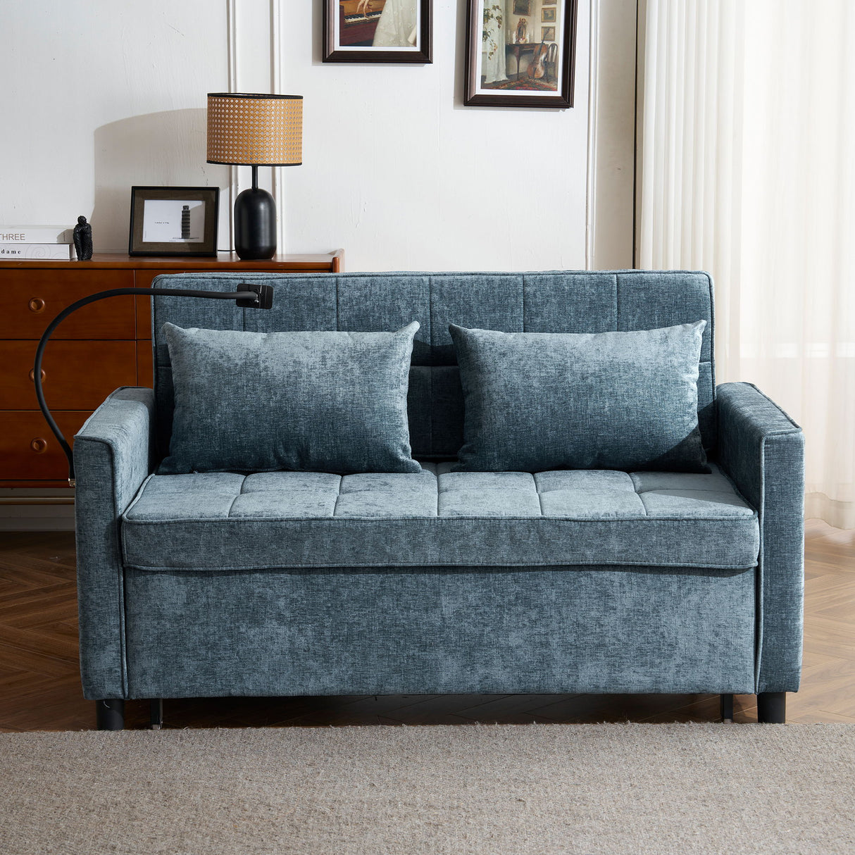 Pull-Out Sleeper Sofa With Reversible Backrest Cushion, Side Pockets, 2 USB Ports And A Phone Holder For Living Room