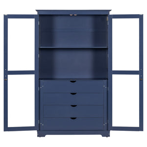 Kitchen Pantry, Freestanding Kitchen Storage Cabinet Display Cabinet With Glass Doors And 4 Built In Drawers For Living Room, Home Office - Blue